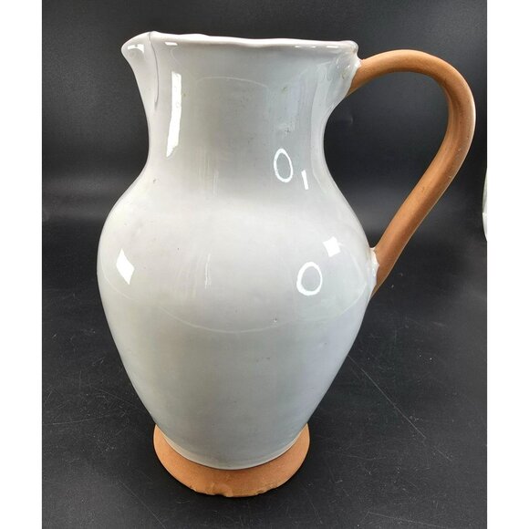 Vintage Italian Large White Ceramic Pitcher Vase With Natural Handle Base CM2115 - Picture 2 of 9